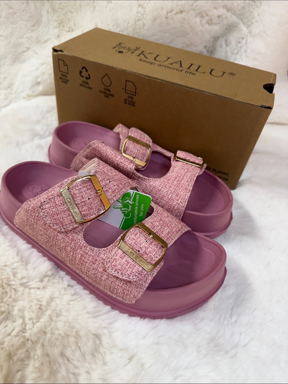 Kuailu Pink Double-Buckle Slide Sandals